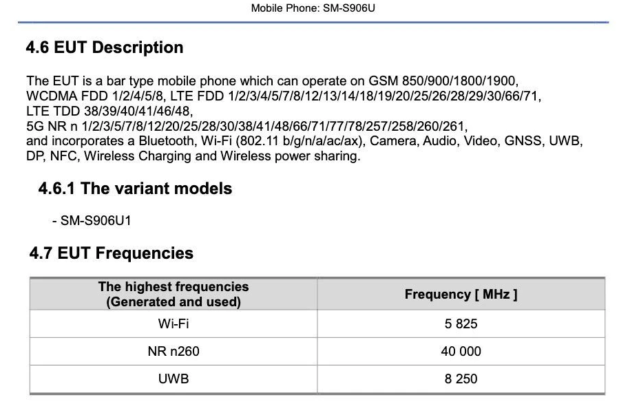 Un autre document soumis à la FCC par Samsung montrant certaines spécifications des S22 et S22+