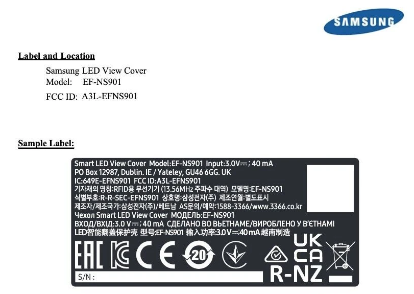Document soumis à la FCC confirmant le boîtier LED View pour la série S22 de Samsung